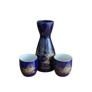 Vintage Japanese Sake‎ Set Cobalt Blue Gold Landscape Porcelain Carafe 2 Cups